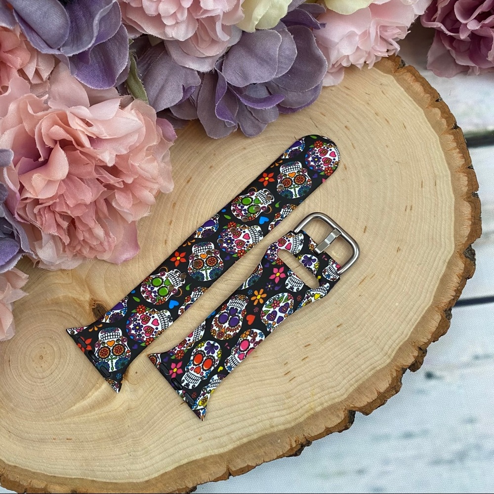 Colorful Day of the Dead Sugar Skull Silicone Watchband for Apple - Picture 5 of 13
